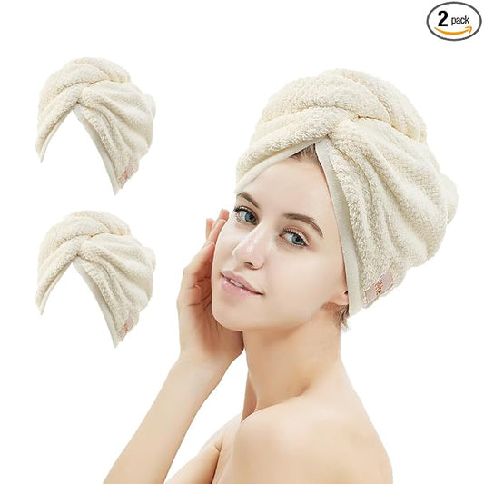 M-bestl 2 Pack Microfiber Hair Towel Wrap,Hair Drying Towel with Button, Absorbent and Soft,Anti-frizz Towel to Dry Hair Quickly(Beige&Beige)