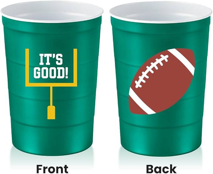 Steel Chill Cups 16 oz. Party Cup Football 'It's Good' Goal Post Design for Cold Drinks, Durable, Disposable, Recyclable, Made in USA, Green 12 Count