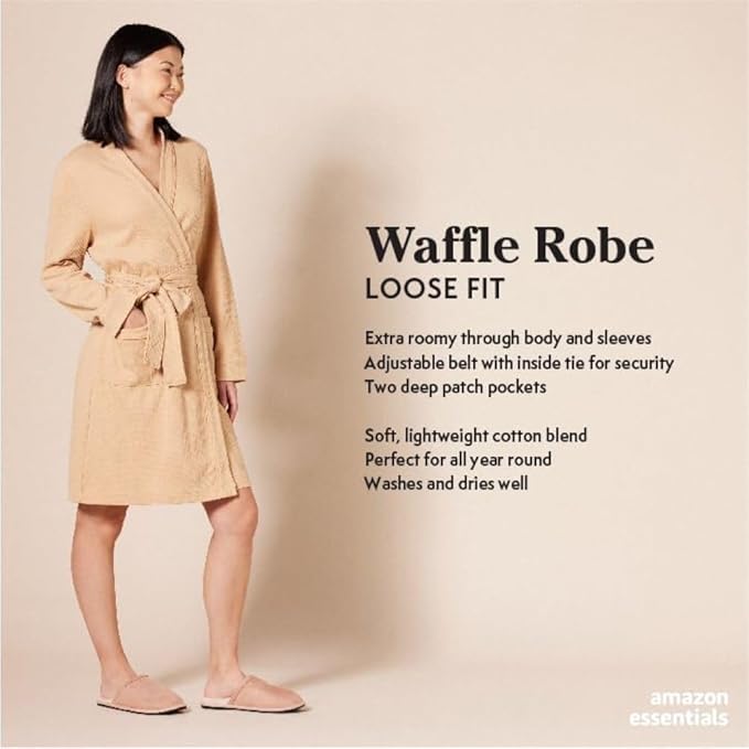 Amazon Essentials Women's Lightweight Waffle Full-Length Bath Robe with Pockets (Available in Plus Size)