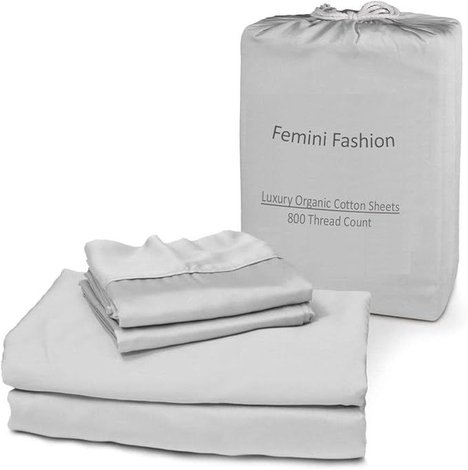 100% Organic Cotton Bed Sheets 800-Thread-Count, 16-Inch Deep-Pocket, Luxury Breathable Crisp 4-Piece Bed Sheet Set (1 Flat Sheet, 1 Fitted Sheet, 2 Pillowcases) - Split-Head King 34", Light Grey