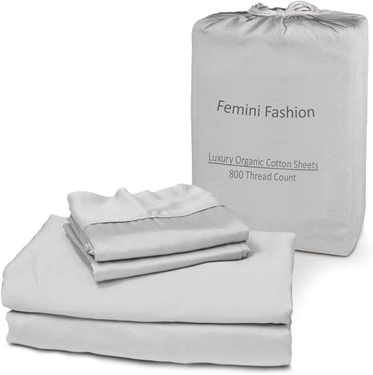 Femini Fashion 100% Organic Cotton Bed Sheets 800-Thread-Count, 16-Inch Deep-Pocket, Luxury Breathable Crisp 4-Piece Bed Sheet Set (1 Flat Sheet, 1 Fitted Sheet, 2 Pillowcases) - Queen-XL, Light Grey