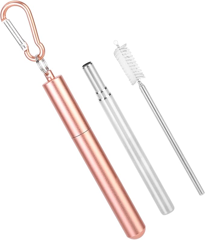 FTVOGUE Collapsible Stainless Steel Straw with Travel Case and Cleaning Brush for Tumblers Cups Smoothies Milkshakes Juice (Pink)