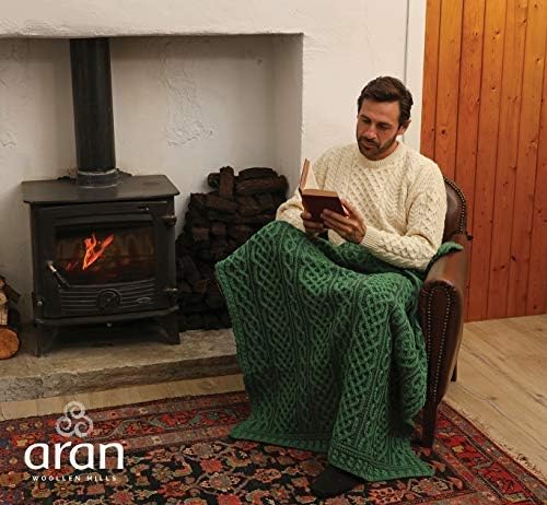 Aran Woollen Mills Carraig Donn Irish Cable Knit Blanket Celtic Throw - 100% Merino Wool Made in Ireland 40"x 55" (102 x 140 cm)(Kiwi/Connemara Green)