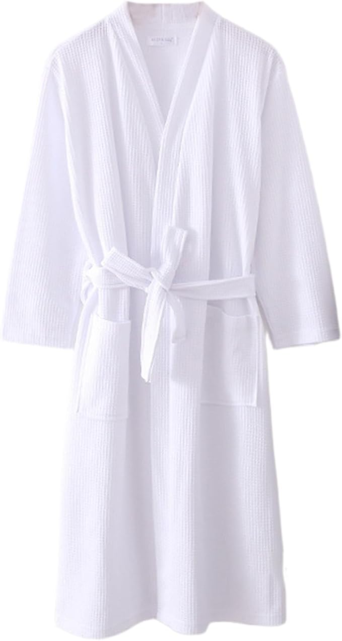 Waffle Bathrobe for Women Men, 3/4 Sleeve/Short Sleeve Kimono Robes, 100% Cotton, Lightweight, Soft Absorbent & Quick Dry
