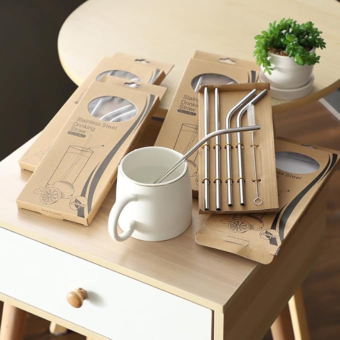5 Pcs Stainless Steel Straws Set with Cleaning Brush, Reusable Stainless Steel Drinking Straws, Durable for All Beverages, Silver
