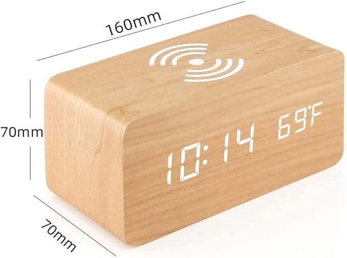 Digital Alarm Clock LED Wood Clocks,Temperature Display/Voice-Activated/Date/12/24 Hours,3 Alarms for Bedroom Office,Bamboo(White)