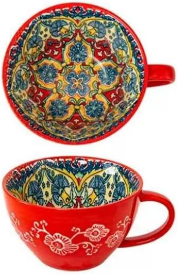 Red Ceramic Mug, Bohemian Hand-Painted, 15 Oz Large Coffee Cup for Milk, Tea, Breakfast, Dishwasher & Microwave Safe Cup