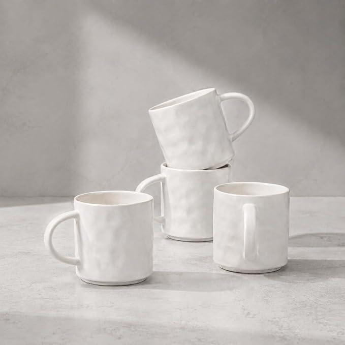 HaWare 14OZ Coffee Mugs Set of 4, Stoneware Coffee Cups with Handle, Latte Mug for Man, Woman, Dad, Mom, Modern Tea Mugs for Latte/Cappuccino/Cocoa/Milk, Dishwasher& Microwave Safe, Speckled White
