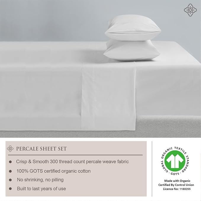 BIOWEAVES 100% Organic Cotton Percale Weave Sheets Queen – Crisp, Soft & Naturally Cooling, 300 Thread Count GOTS Certified Sheets for Queen Size Bed with 17” Deep Pocket – 4 Piece Set, White