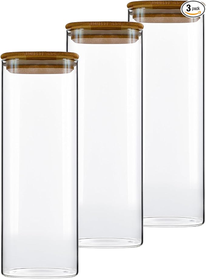 3 Pack 2.2l/74.4Oz Rectangle Spaghetti Storage Jar - Airtight Glass Containers with Bamboo Lids - Glass Storage Jars for Pasta Flour Oats Nuts