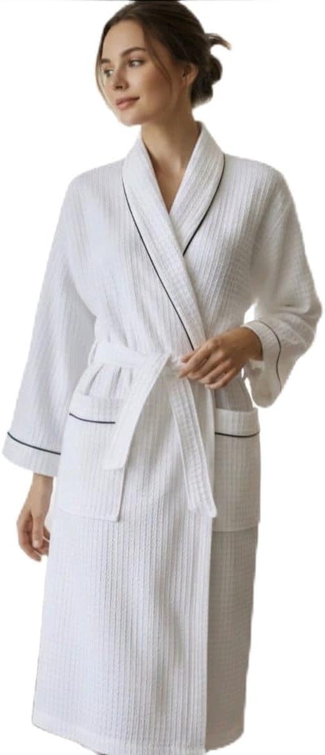 Waffle Knit Bath Robe 100% cotton with Black Piping, White Elegant for Spa and hotel light weight one size fits most