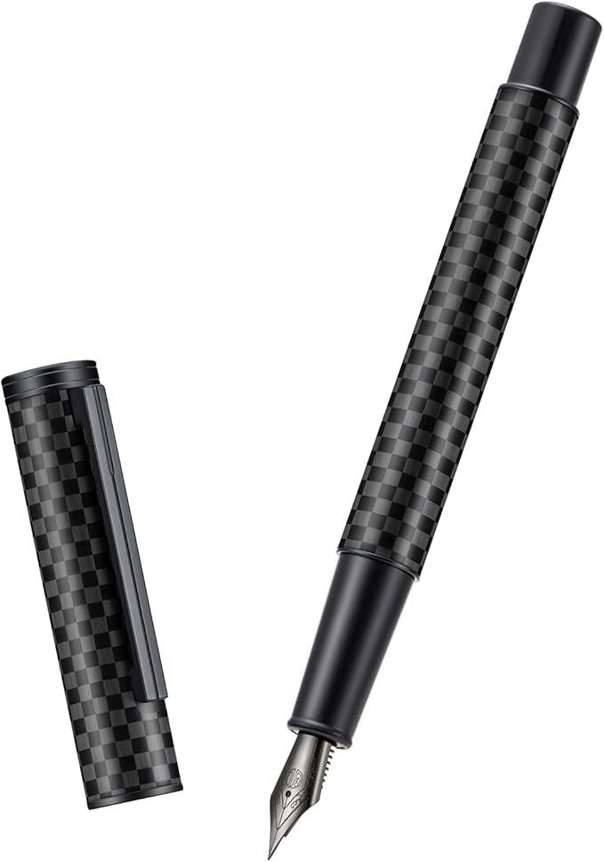HONG DIAN Fountain Pen Black Fine Nib Carbon Fiber Forest Pro Series, Modern Design Consistent Writing Pen with Ink Refill Converter and Metal Pen Case Set