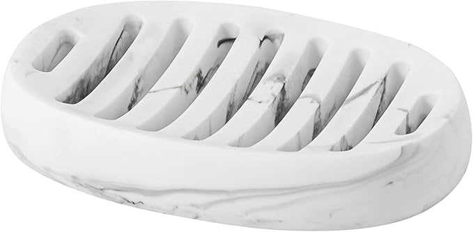 Soap Dish, Bar Soap Holders, Oval White Marble Look | Modern, Minimalist, Simple, Self Draining, Soap Saver Spone Holder Tray, for Shower Bathroom Countertop Kitchen Sink Bathtub