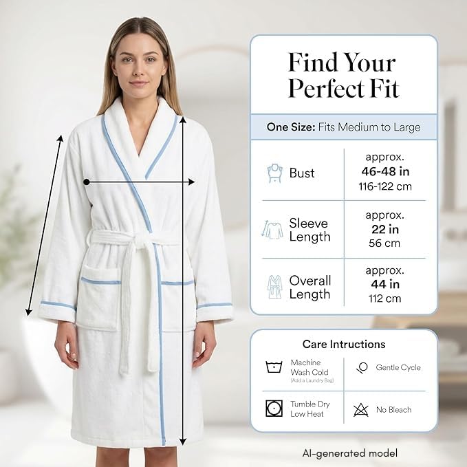 Jillien Harbor Womens Cotton Bathrobe – Towel Robe for Women in Soft Terry Cloth, Highly Absorbent Cotton Robes for Women with Refined Blue Piping, Cuffed Sleeves Medium to Large Fit — One Size, White