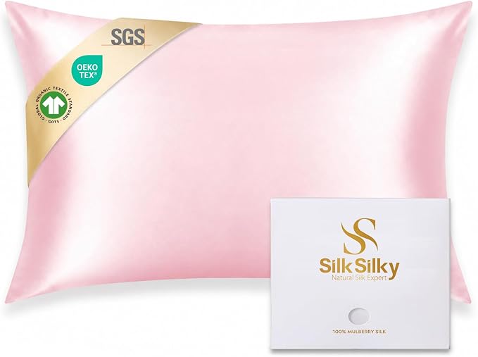 SilkSilky 100% Mulberry Silk Pillowcase - Pure 22 Momme High-Grade 6A Fibers for Hair & Skin, Envelope Closure, Natural, Organic, Breathable & Cooling Pillow Case (King, Pink)