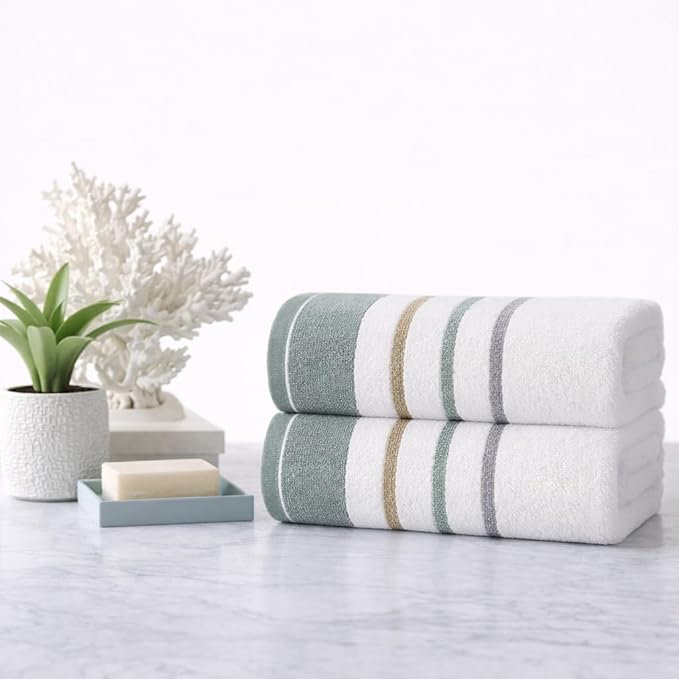 CASA COPENHAGEN White Bay 2Pcs 100% Egyptian Cotton Large Designer Bathsheet Towels Gift Set- Grey - Sea Grass, 600GSM, 35"x70" 2Bath Sheet Towels for Bathroom (Gift Set for Women & Men)