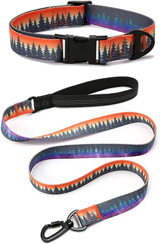Dog Collar and Leash Set for Dogs Walking Bohemia Ethnic Style | Soft Durable Nylon Adjustable Collar with Metal Buckle and 4ft Padded Handle Matching Leash for Small Medium Large Dogs