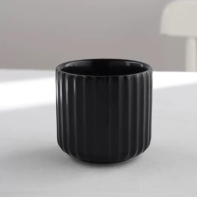 Nordic Ceramic Mug, Japanese Tea Cup 6oz Striped Cup No Handle Drinking Cup for Espresso, Cortado, Matcha, Green Tea, Microwave and Dishwasher Safe, Minimalist coffee Cup, Matte Black
