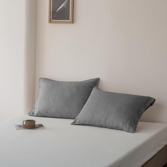 EVERLY 100% Linen Pillowcases Set of 2, French Linen from Normandy, 20X26Inch Standard Size, Natural Color, Coconut Buttons Closure, Flax Pillowshams-Pillowcase-Gray