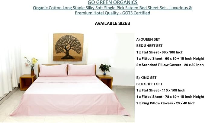 Organic Cotton Long Staple Silky Soft Single Pick Sateen Bed Sheet Set - Luxurious & Premium Hotel Quality - GOTS Certified - Solid Dyed (Light Pink, Queen (U.S. Standard))