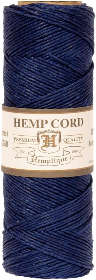 Hemptique 100% Natural Hemp Cord Single Spool - 205ft ~ 62.5m Hemp String Spool - Crafters Number 1 Choice - .5mm Cord Thread for Jewelry Making, Macramé, Scrapbooking, & More - Navy Blue