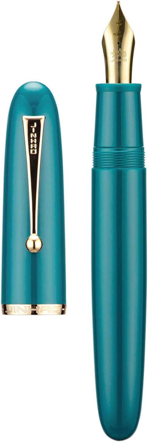 Jinhao 9019 DaDao Series Fountain Pen, Size 8 Fine Heartbeat Nib with Large Ink Converter, Lake Blue Acrylic Design Smooth Writing Pen (Gold Trim)