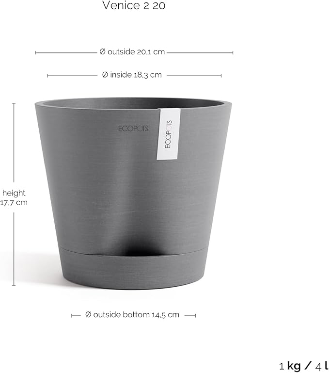 Ecopots Venice 2 Durable Modern Round Indoor/Outdoor Recycled-Based Composite Flower Pot Planter w/Water Reservoir, Grey, 8"