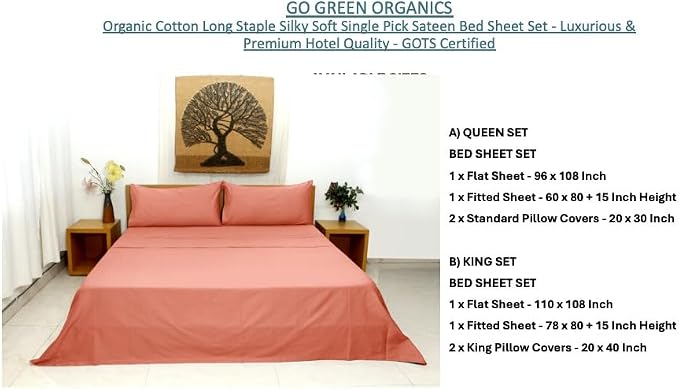 Organic Cotton Long Staple Silky Soft Single Pick Sateen Bed Sheet Set - Luxurious & Premium Hotel Quality - GOTS Certified - Solid Dyed (Cannyon Clay, King (U.S. Standard))