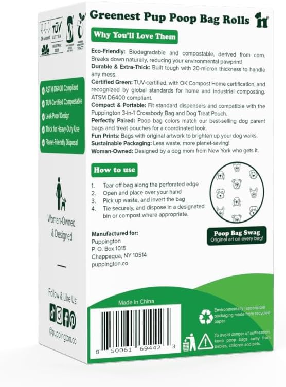 Puppington Certified Home Compostable Poop Bags - ASTM D6400 Compliant - 270 Extra Thick Bags - Plant Based - Pairs with Puppington 3-in-1 Bag & Fits all Standard Poop Bag Dispensers (Latte Beige)