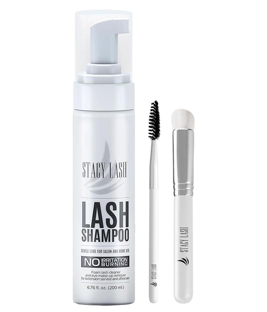 STACY LASH 6.76 fl.oz / 200ml Eyelash Extension Shampoo + Brush/Eyelid Foaming Cleanser/Wash for Extensions & Natural Lashes/Safe Makeup Remover/Supplies for Professional & Home Use