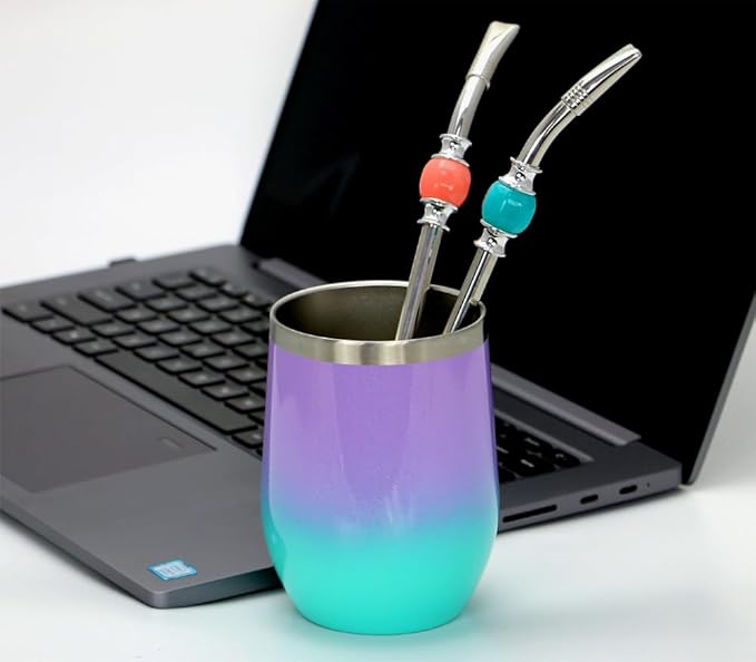 Premium Yerba Mate Straws - Reusable Stainless Steel Bombilla with Colorful Beads - Set for Mate Gourd Drinking, Removable Head Filter (Pink and Blue)