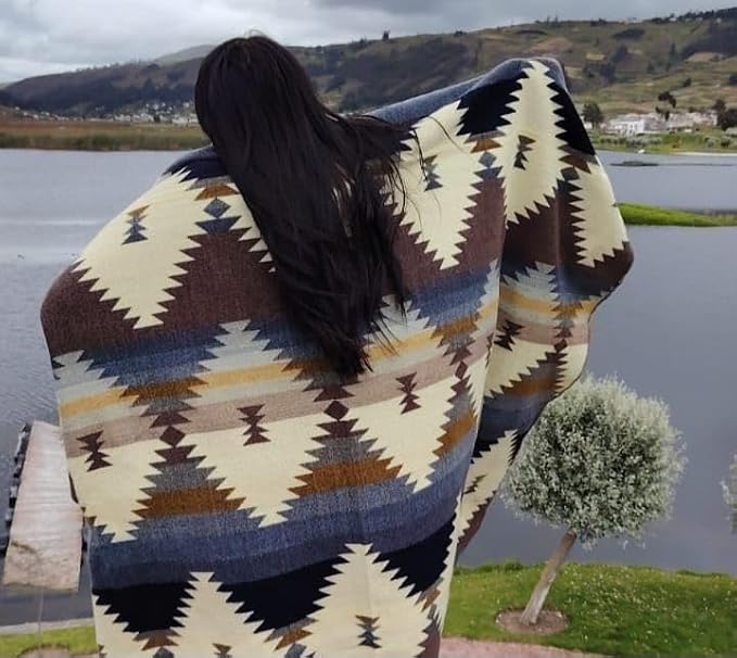 Alpaca Wool Blanket, King Size 100 x 83, Reversible 2 in 1, Thick and Ultra Soft, Hypoallergenic, Non-Itchy, Handmade in Ecuador. Premium Alpaca Wool Thtow Blanket for Cozy Comfort.(Blue and Brown)