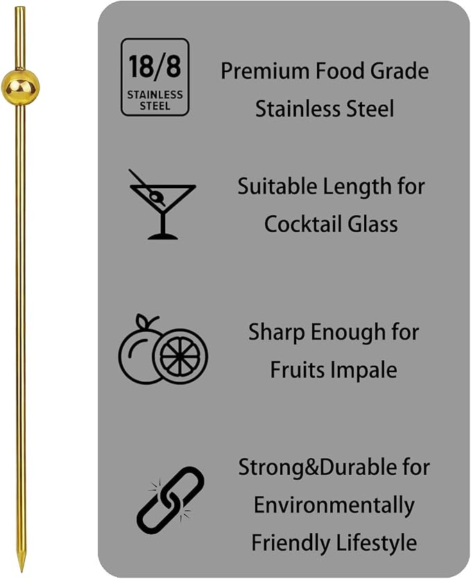12PCS Metal Cocktail Picks for Drinks, Stainless Steel Martini Picks 4.6 inch, Reusable Cocktail Skewers Pearl Gold