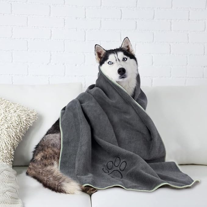 KinHwa Dog Towel Super Absorbent Microfiber Dog Drying Towel Soft Pet Bath Towel for All Dogs and Cats with Embroidered Paw Print 30inch x 50inch Gray