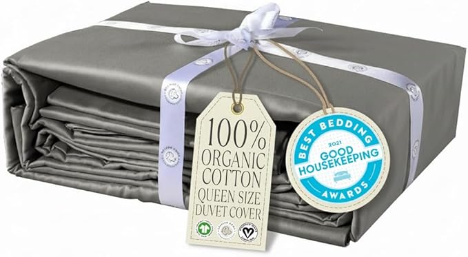 Delilah Home 100% Organic Cotton Duvet Cover, GOTS & Vegan.org Verified, Long Stem 300 TC Sateen Bedding, Non-Synthetic, Deep Pocket Fitted Linen, Lightweight, All-Season, 1 Piece Queen Size - Grey