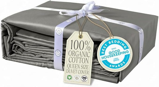 Delilah Home 100% Organic Cotton Duvet Cover, GOTS & Vegan.org Verified, Long Stem 300 TC Sateen Bedding, Non-Synthetic, Deep Pocket Fitted Linen, Lightweight, All-Season, 1 Piece Queen Size - Grey