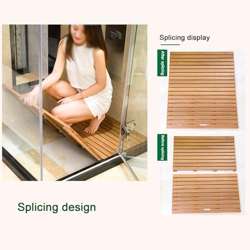Teak Shower Mat Foldable Luxury Wooden Non-Slip Wood Bath Mat for Bathroom Bathtub Indoor Outdoor,Teak Shower Mat Solid Wood Bamboo Bath Mat for Bathroom Non Slip Wooden Floor Mat with Handl