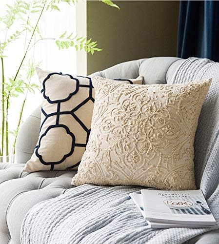 DOKOT Embroidery Throw Pillow Covers Square Cushion Case 100% Cotton with Zipper for Home Decorative 20x20 inches(50x50cm) Beige