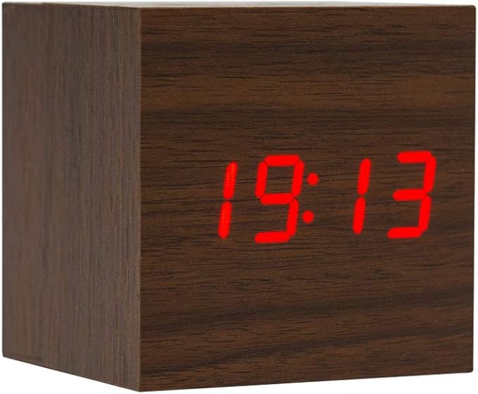 Wooden Alarm Clock - Mini Cube LED Digital Clock with Time/Date/Temperature Display, 3 Levels Brightness and Voice Control Great for Home Office Travel - AC10Brown_Red