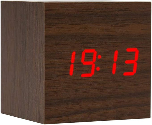 Wooden Alarm Clock - Mini Cube LED Digital Clock with Time/Date/Temperature Display, 3 Levels Brightness and Voice Control Great for Home Office Travel - AC10Brown_Red