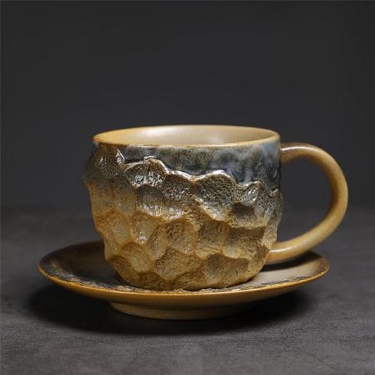 Handmade Irregular Ceramic Coffee Mug with Saucer, Kiln Flowing Glaze Wabi Sabi Latte Tea Cup Set, set of 1, 200ml (YUNSHI03)