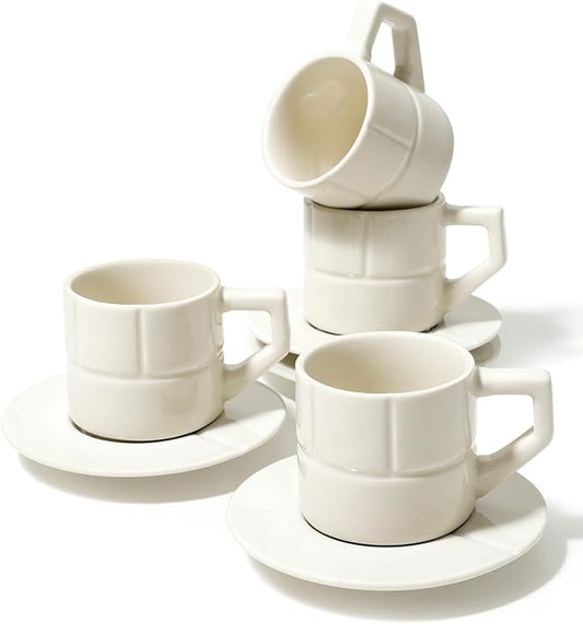 Ceramic Coffee Mugs Set of 4, Coffee Cups with Saucers, Cappuccino Cups with Saucers, Porcelain Cups, Coffee Cups for Tea, Latte, Espresso (Ivory-Geometric)