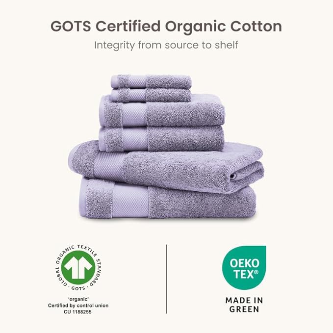BIOWEAVES 100% Organic Cotton Bath Towel Set | 700 GSM Plush 6-Piece Premium Towel Set GOTS Certified, 2 Bath Towels, 2 Hand Towels & 2 Washcloths - Lavender