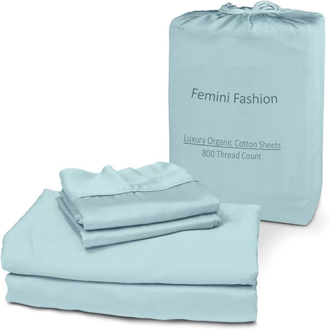 Femini Fashion 100% Organic Cotton Bed Sheets 800-Thread-Count, 16-Inch Deep-Pocket, Luxury Breathable Crisp 4-Piece Bed Sheet Set (1 Flat Sheet, 1 Fitted Sheet, 2 Pillowcases) - RV-King, Light Blue