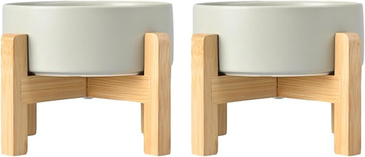 SPUNKYJUNKY Ceramic Elevated Dog Bowls 2 Pack - 8.3inch Raised Dog Bowls with Non-Slip Wooden Stand for Large Dogs Dishwasher Safe(Grey,60OZ*2)