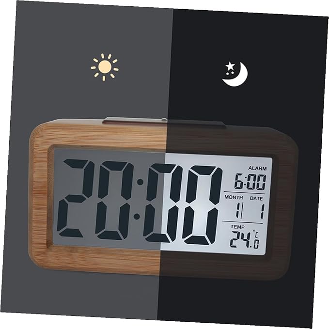 Wooden Digital Alarm Clock LED Desktop Clock with Light Sensor Natural Wood Color Non-Battery Powered for Home Bedroom Office Use