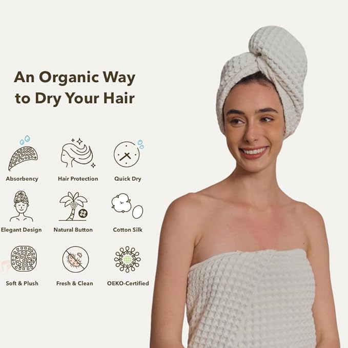 Luxury Organic Japanese Cotton Hair Drying Waffle Towel Wrap for Women | Absorbent, Quick-Dry Head Turban for Shower, Sauna, Spa | Extra Large for Long, Curly, Straight Hair With Button (White, 2 Pc)