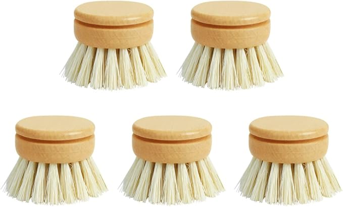 Bamboo Scrub Brush, Eco-Friendly Dish Brush, Replacement Heads 5 Pieces Natural Sisal Hemp and Beech Wood Scrubbing Brushes Kitchen Sink Cleaning