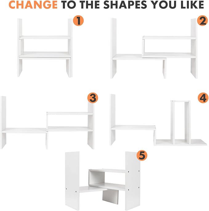 PowerKing Wood Desktop Organizer, Adjustable Display Shelf Rack for Home Office Desktop Storage Supplies Organization (White)