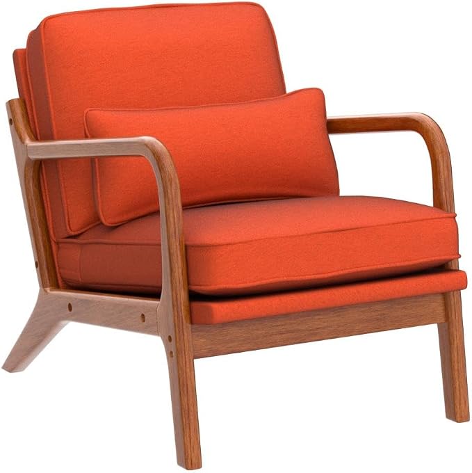 Karl home Mid-Century Modern Accent Reading Chair, Burnt Orange | Linen Upholstered, Solid Wood Frame, Soft Cushion, Lumbar Pillow, Lounge Armchair for Living Room, Bedroom, Balcony, Study
